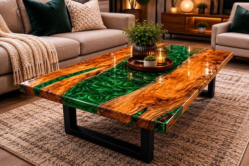 Green epoxy resin coffee table - resin,